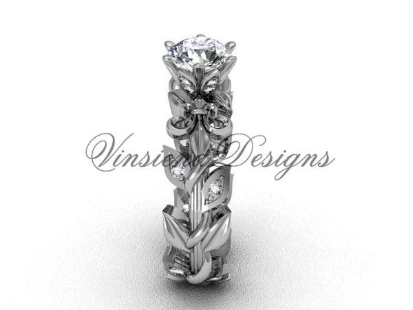 14k white gold diamond leaf and vine, Fleur de Lis engagement ring VD208124