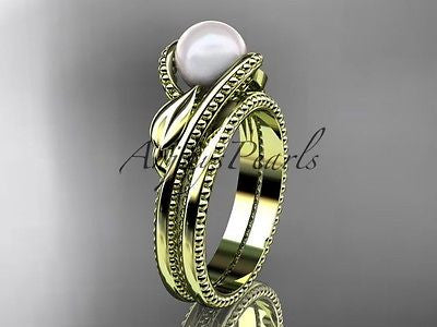 Unique 14kt yellow gold leaf and vine pearl engagement set AP301S - Vinsiena Designs