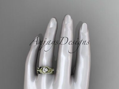 Unique 14k yellow gold diamond leaf wedding ring, engagement set ADLR225S - Vinsiena Designs