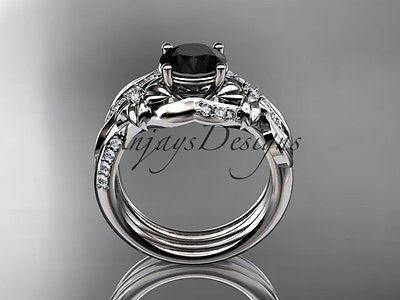 Unique platinum diamond leaf and vine engagement set, Black Diamond ADLR224S - Vinsiena Designs