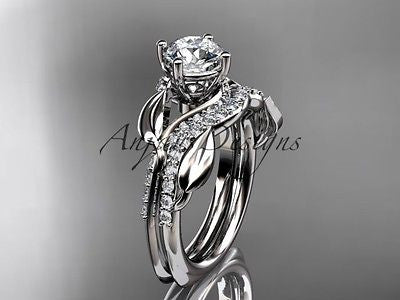 Unique platinum diamond leaf wedding ring, engagement set ADLR225S - Vinsiena Designs