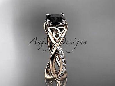 14k rose gold celtic trinity knot engagement ring, wedding  Black Diamond CT790