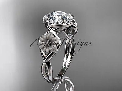 14kt white gold diamond flower engagement ring "Forever One" Moissanite ADLR219 - Vinsiena Designs
