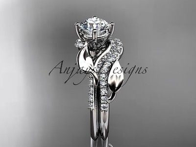 Unique 14k white gold diamond leaf wedding ring, engagement set ADLR225S - Vinsiena Designs