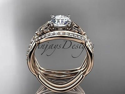 14kt rose gold celtic trinity knot wedding set,double band One Moissanit CT790S