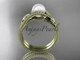 Unique 14kt yellow gold leaf and vine pearl engagement set AP301S - Vinsiena Designs
