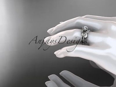 Unique 14k white gold diamond leaf wedding ring, engagement set ADLR225S - Vinsiena Designs