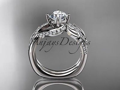 Unique platinum diamond leaf wedding ring, engagement set ADLR225S - Vinsiena Designs