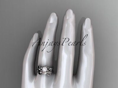 Unique platinum diamond floral pearl engagement set AP324S - Vinsiena Designs