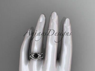 Unique platinum diamond leaf and vine engagement set, Black Diamond ADLR224S - Vinsiena Designs