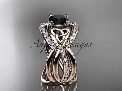 14k rose gold celtic trinity knot wedding set,double band Black Diamond CT790S