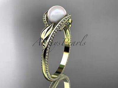 Unique 14kt yellow gold floral pearl engagement ring AP301 - Vinsiena Designs