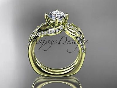 Unique 14k yellow gold diamond leaf wedding ring, engagement set ADLR225S - Vinsiena Designs