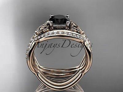 14k rose gold celtic trinity knot wedding set,double band Black Diamond CT790S