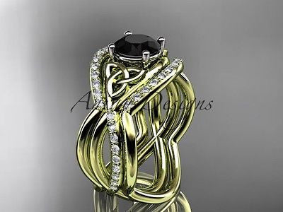 14k yellow gold celtic trinity knot wedding set,double band Black Diamond CT790S