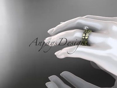 14k yellow gold diamond vine and leaf wedding ring, engagement set ADLR35S - Vinsiena Designs