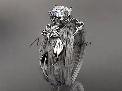 14kt white gold diamond floral, leaf, vine wedding ring, engagement set ADLR253S - Vinsiena Designs