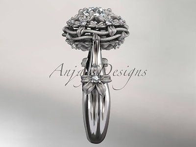 14kt white gold diamond floral,leaf and vine "Basket of Love" Moissanite ADLR94 - Vinsiena Designs