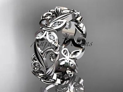 14kt white gold diamond leaf and vine butterfly wedding band ADLR144P - Vinsiena Designs