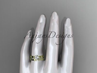 14k yellow gold diamond vine and leaf wedding ring, engagement set ADLR35S - Vinsiena Designs