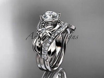 Unique 14k white gold diamond flower, leaf and vine wedding ring set ADLR224S - Vinsiena Designs