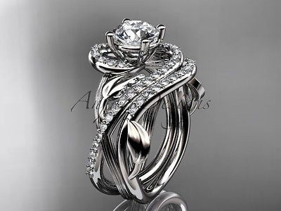 Platinum diamond leaf and vine engagement set "Forever One" Moissanite ADLR222S - Vinsiena Designs