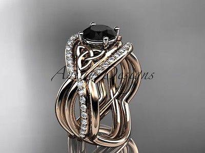 14k rose gold celtic trinity knot wedding set,double band Black Diamond CT790S