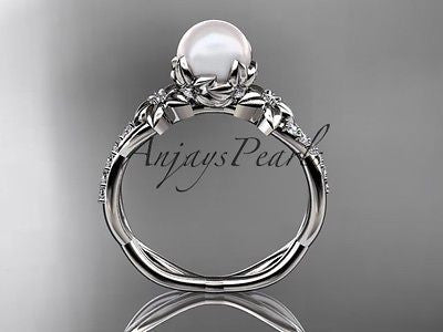 platinum diamond pearl flower engagement ring AP388