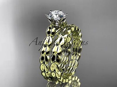 14k yellow gold diamond vine and leaf wedding ring, engagement set ADLR35S - Vinsiena Designs