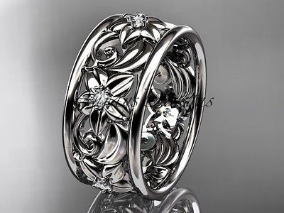 Platinum diamond leaf and vine wedding ring wedding band ADLR150 - Vinsiena Designs