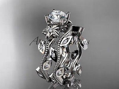 Platinum diamond leaf and vine engagement, wedding set  ADLR151 - Vinsiena Designs