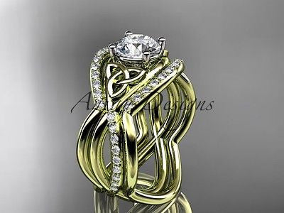 14k yellow gold celtic trinity knot wedding set,double band One Moissanit CT790S