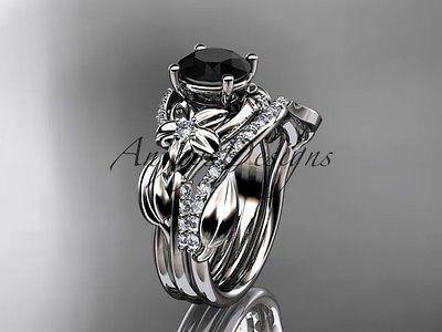 Unique platinum diamond leaf and vine engagement set, Black Diamond ADLR224S - Vinsiena Designs