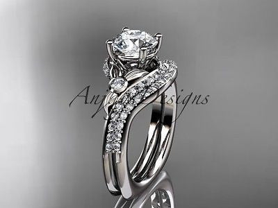 14kt white gold diamond leaf and vine engagement ring  ADLR112S - Vinsiena Designs