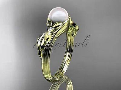 Unique 14kt yellow gold diamond floral pearl engagement ring AP324 - Vinsiena Designs