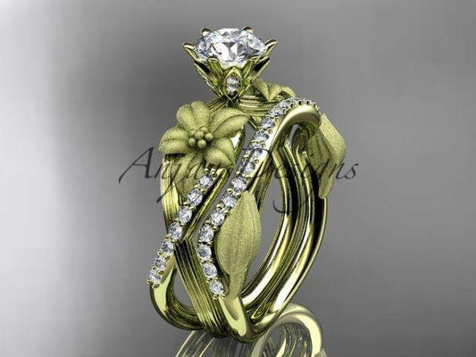 Unique 14kt yellow gold diamond leaf,vine wedding,engagement ring set ADLR221S - Vinsiena Designs