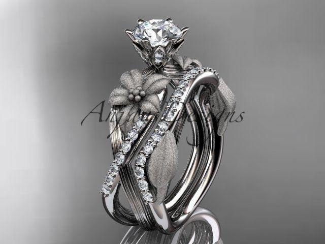 Unique Platinum diamond leaf and vine wedding,engagement ring set ADLR221S - Vinsiena Designs