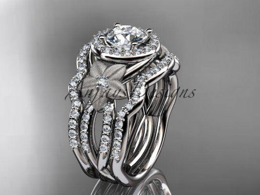 14kt white gold diamond floral wedding engagement set, double band ADLR127S - Vinsiena Designs