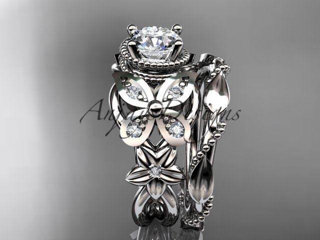 14kt white gold diamond floral, butterfly wedding ring, engagement set ADLR136S - Vinsiena Designs