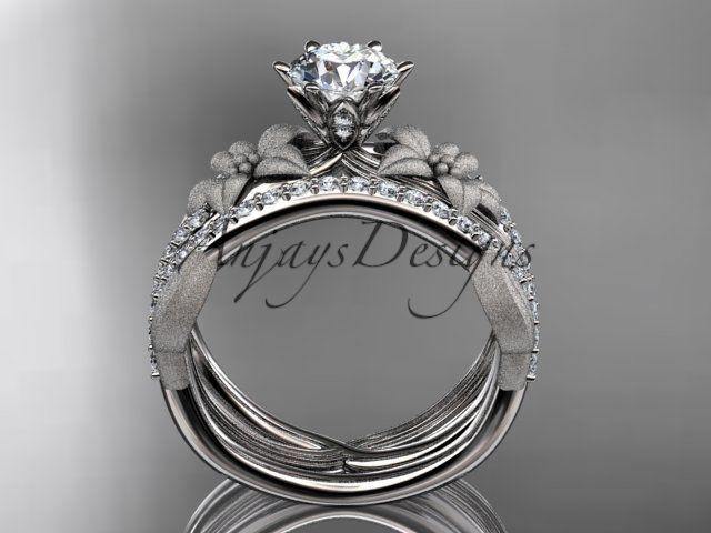 Unique Platinum diamond leaf and vine wedding,engagement ring set ADLR221S - Vinsiena Designs