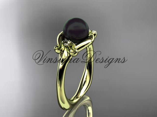 14k yellow gold Fleur de Lis, Round Tahitian Black Cultured Pearl engagement ring VBP10022 - Vinsiena Designs