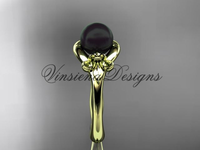 14k yellow gold Fleur de Lis, Round Tahitian Black Cultured Pearl engagement ring VBP10022 - Vinsiena Designs