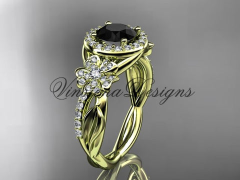 14kt yellow gold diamond Cherry Blossom flower, Sakura engagement ring Black Diamond VD10039 - Vinsiena Designs