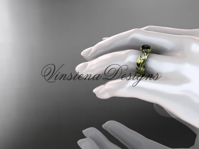 14k yellow gold leaf and vine,  tulip flower engagement ring, Black Diamond VD10049 - Vinsiena Designs