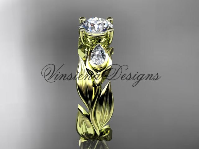 14k yellow gold leaf and vine,  tulip flower engagement ring, "Forever One" Moissanite VD10049 - Vinsiena Designs