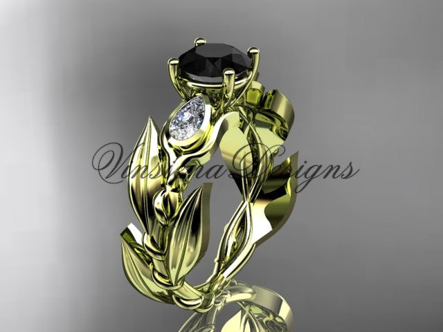 14k yellow gold leaf and vine, tulip flower engagement ring, Black Diamond VD10050 - Vinsiena Designs