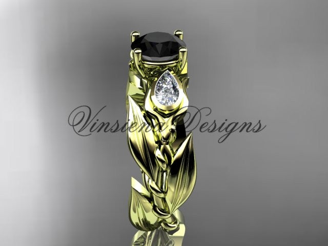 14k yellow gold leaf and vine, tulip flower engagement ring, Black Diamond VD10050 - Vinsiena Designs