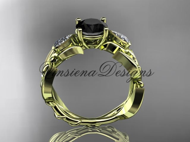 14k yellow gold leaf and vine, tulip flower engagement ring, Black Diamond VD10050 - Vinsiena Designs