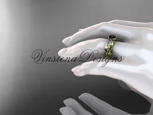 14k yellow gold leaf and vine, tulip flower engagement ring, Black Diamond VD10050 - Vinsiena Designs