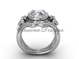 14kt white gold diamond Fleur de Lis, halo engagement ring, wedding band, engagement set VD20889S - Vinsiena Designs